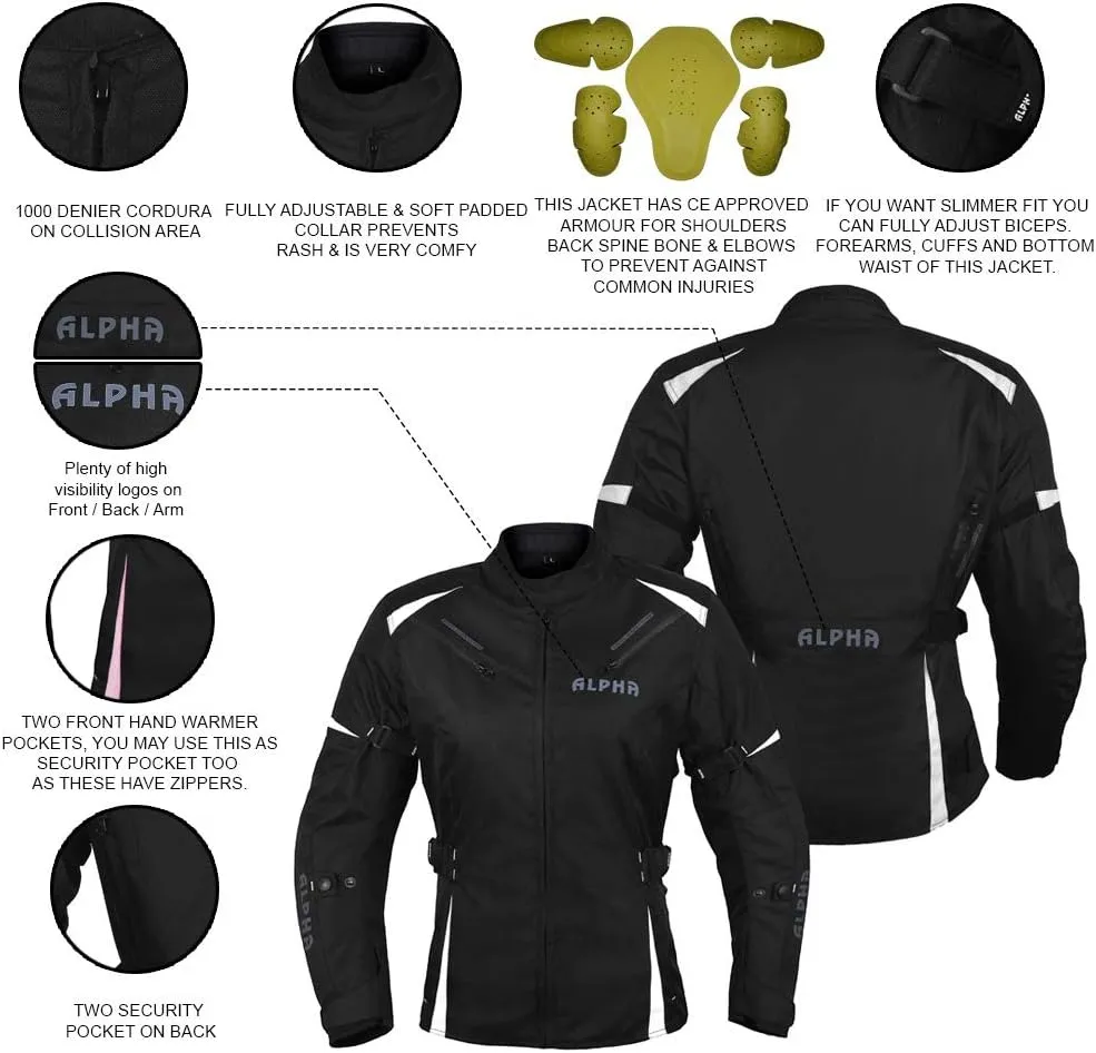 ALPHA CYCLE GEAR ALL SEASON WOMEN MOTORCYCLE JACKET WATERPROOF RIDING WITH CE ARMOUR (BLACK/WHITE, 4X-LARGE)