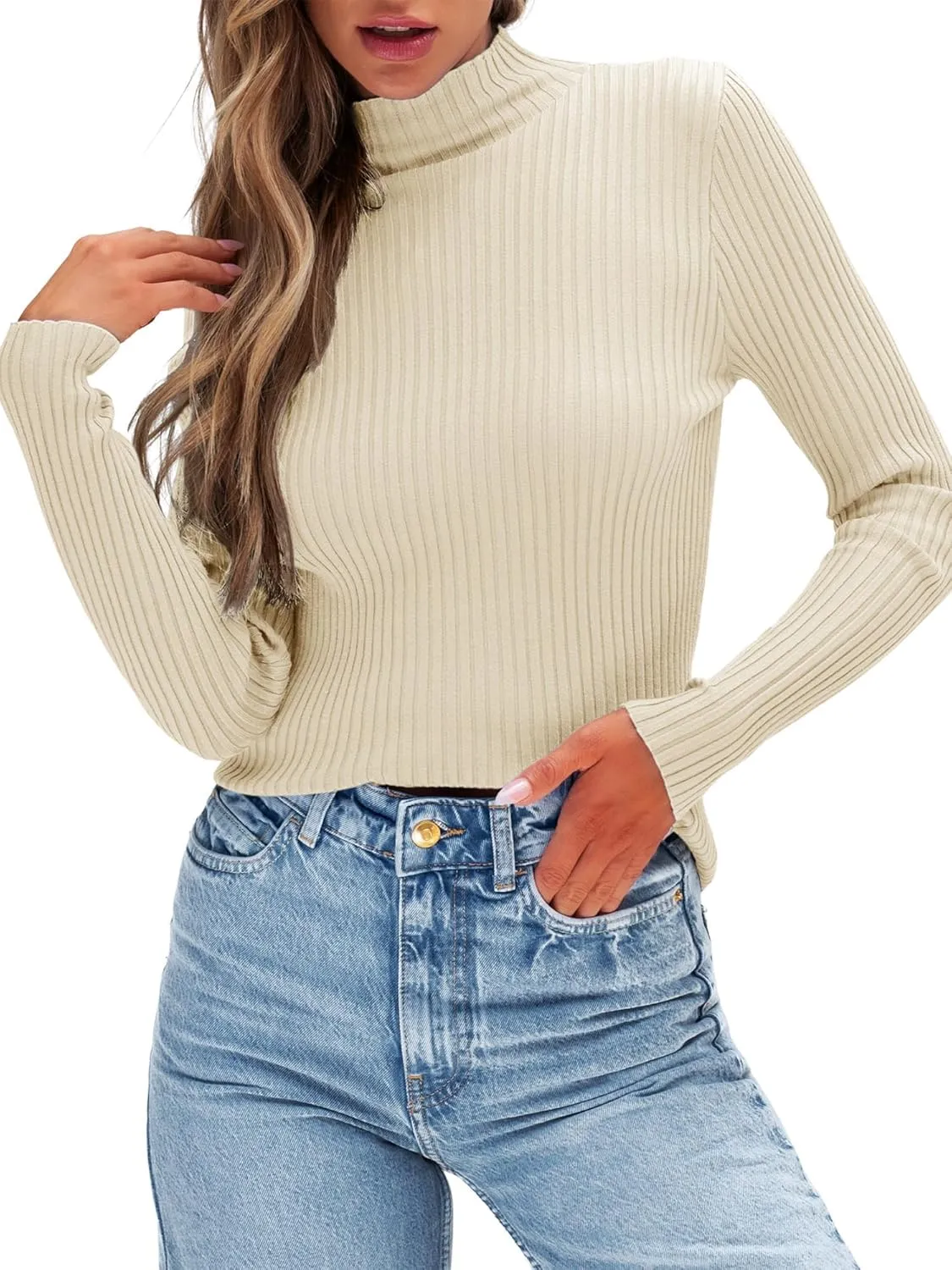 Anbech Womens Turtleneck Sweaters Long Sleeve Ribbed Fitted Basic Layering Knit Tops