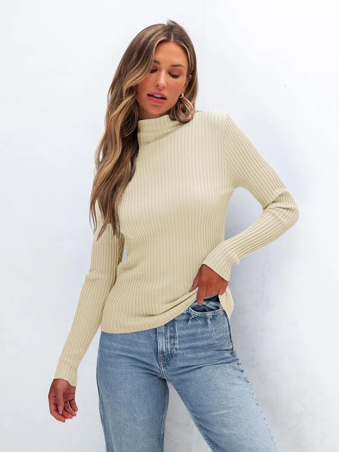 Anbech Womens Turtleneck Sweaters Long Sleeve Ribbed Fitted Basic Layering Knit Tops