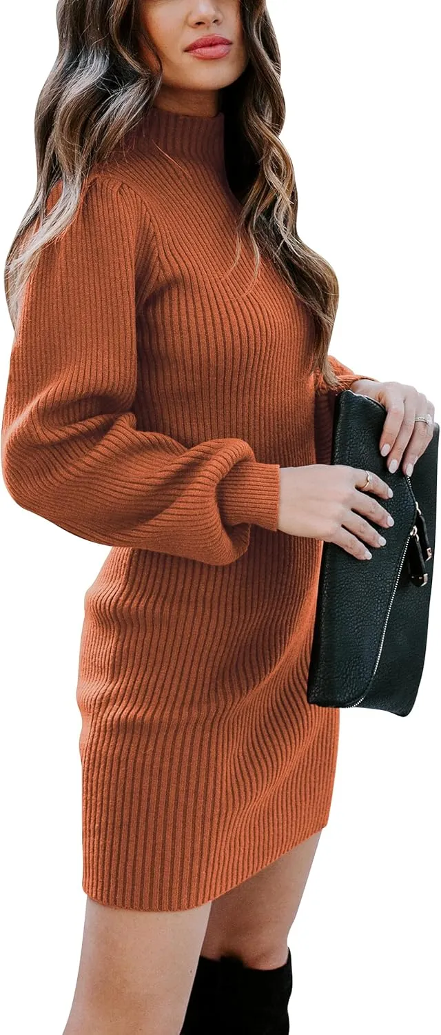 ANRABESS Women Long Sleeve Turtle Mock Neck Rib Knit Stretch Slim Fitted Bodycon Sweater Mini Short Dress 2025 Fall Outfits