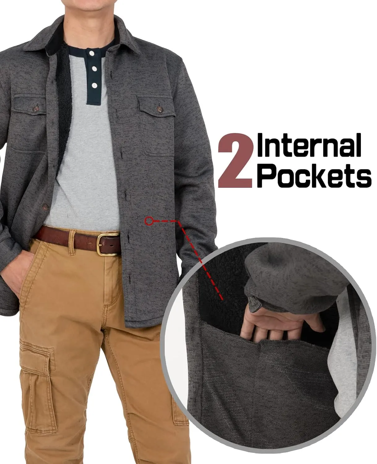 Bonnorth Men's Sherpa Lined Sweater Fleece Shirt Jacket with Pockets - All Sherpa Fleece Lined