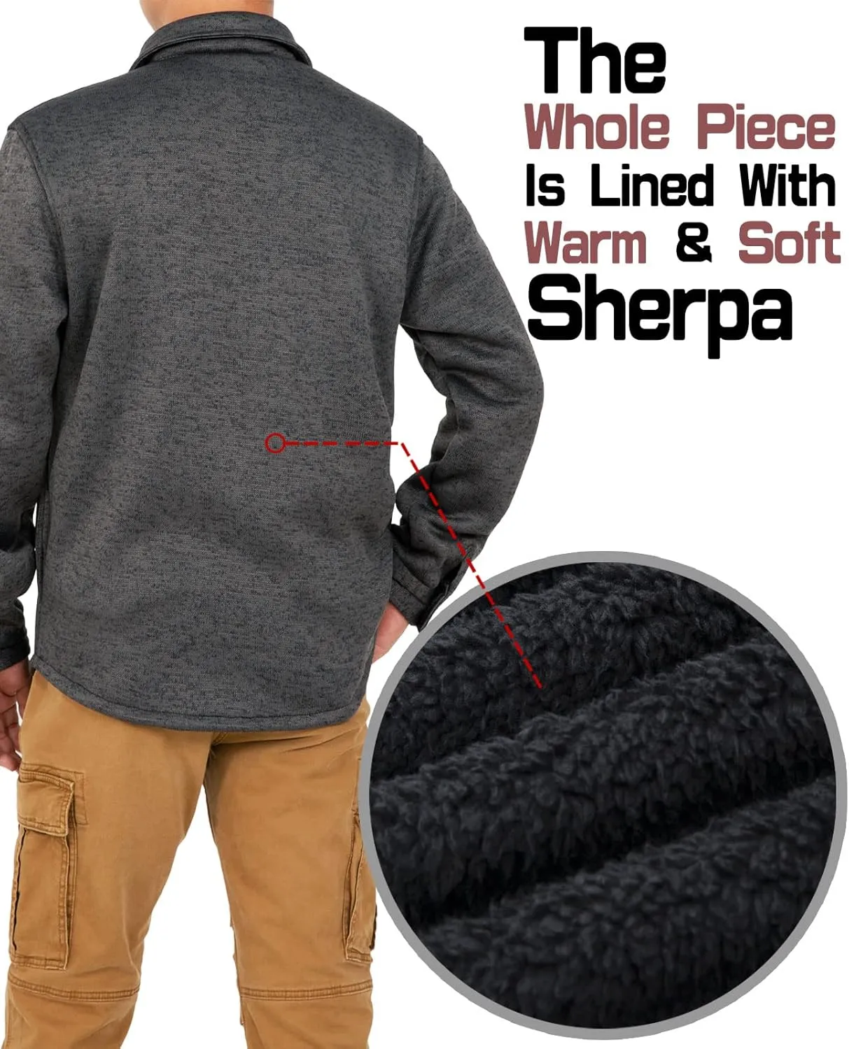 Bonnorth Men's Sherpa Lined Sweater Fleece Shirt Jacket with Pockets - All Sherpa Fleece Lined