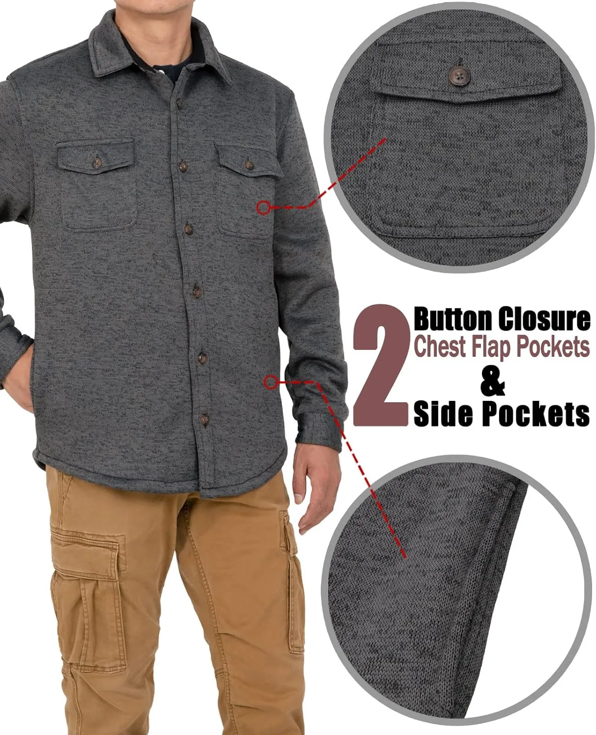 Bonnorth Men's Sherpa Lined Sweater Fleece Shirt Jacket with Pockets - All Sherpa Fleece Lined