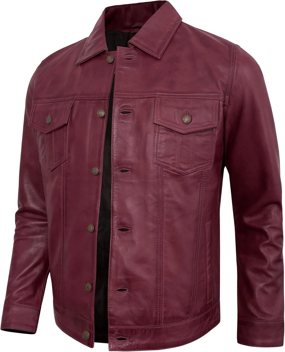Casual Real Lambskin Vintage Style Outwear Mens Leather Jackets - Turn Down Collar Leather Trucker Jacket Men