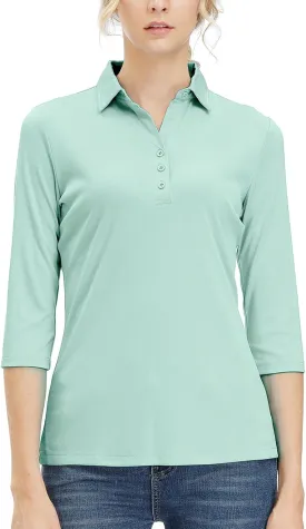 Corna Women's Soft 3/4 Sleeve V Neck Golf Shirt Mositure Wicking Performance Sports Polo Shirt Office Work Tops for Women