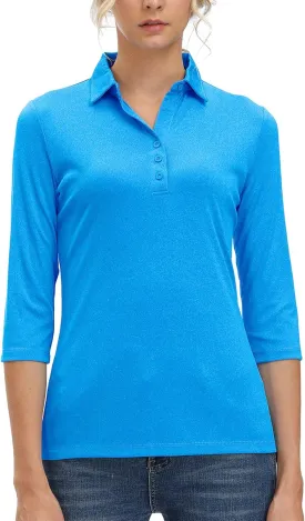 Corna Women's Soft 3/4 Sleeve V Neck Golf Shirt Mositure Wicking Performance Sports Polo Shirt Office Work Tops for Women