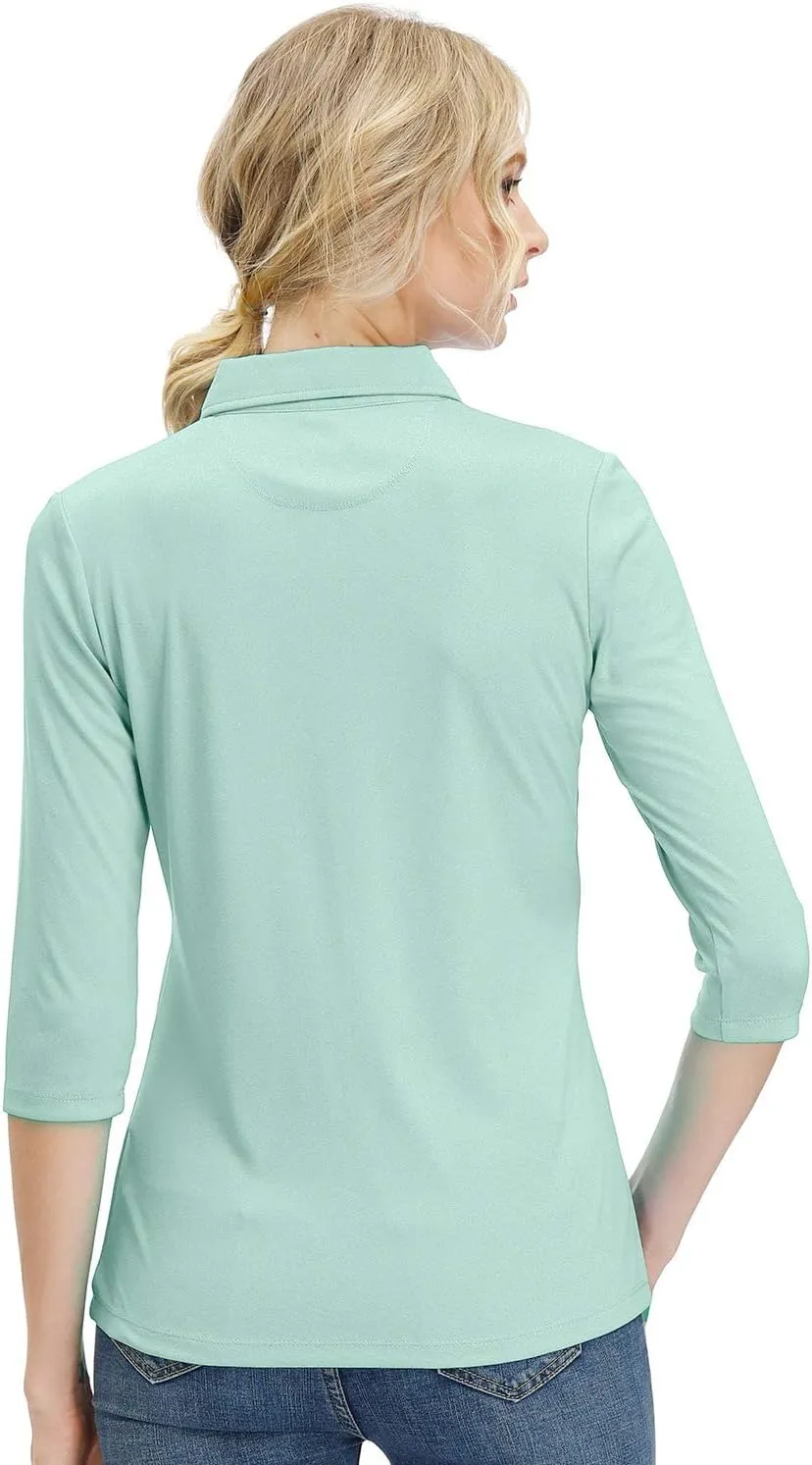 Corna Women's Soft 3/4 Sleeve V Neck Golf Shirt Mositure Wicking Performance Sports Polo Shirt Office Work Tops for Women