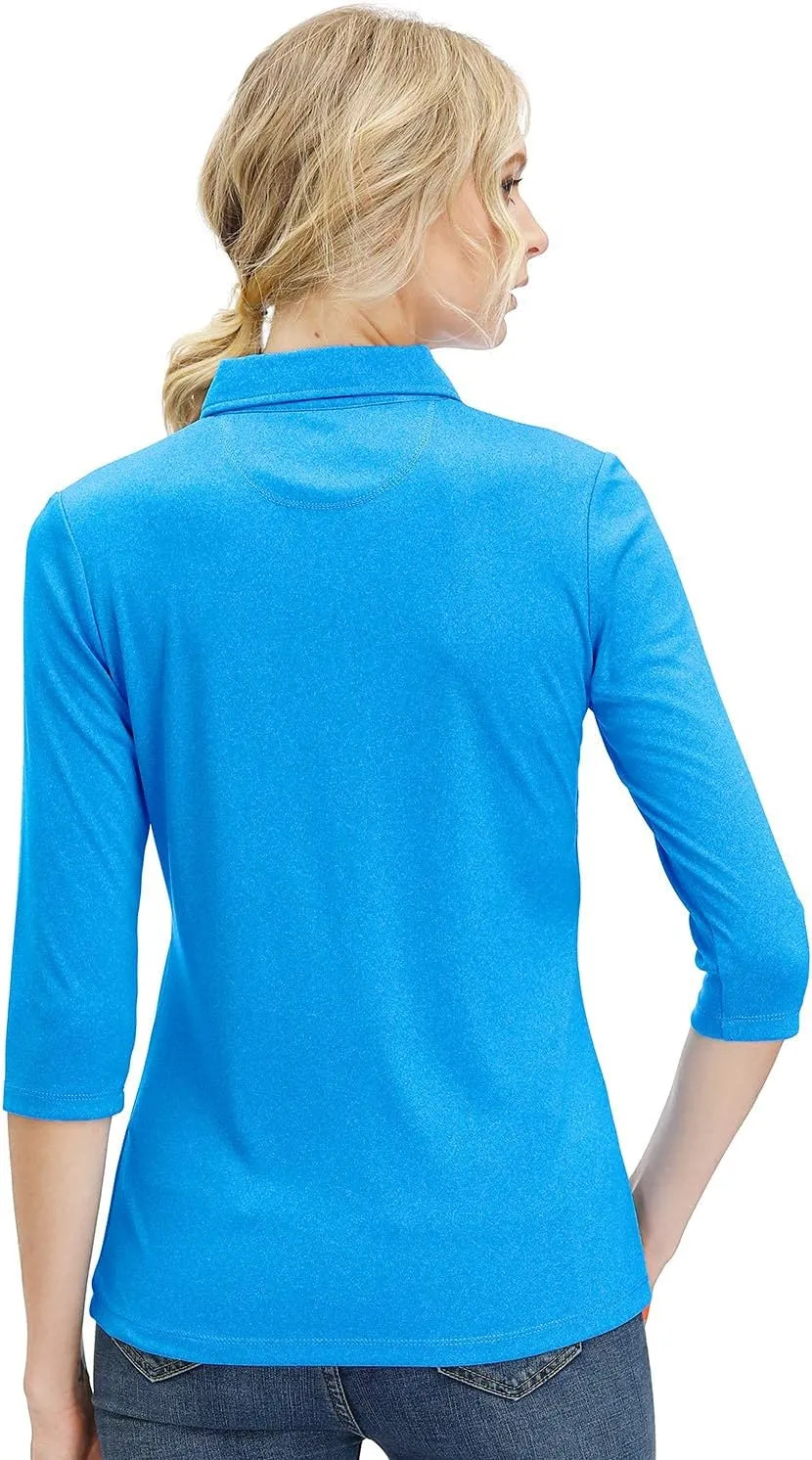 Corna Women's Soft 3/4 Sleeve V Neck Golf Shirt Mositure Wicking Performance Sports Polo Shirt Office Work Tops for Women