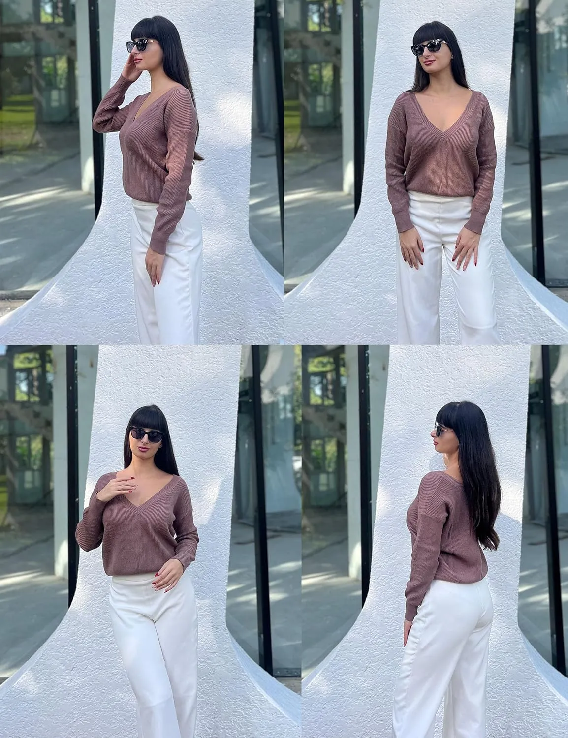 Cowasto Women Sexy Deep V Neck Sweater Christmas Sweaters Casual Long Sleeve Fall Sweaters Pullover