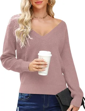 Cowasto Women Sexy Deep V Neck Sweater Christmas Sweaters Casual Long Sleeve Fall Sweaters Pullover