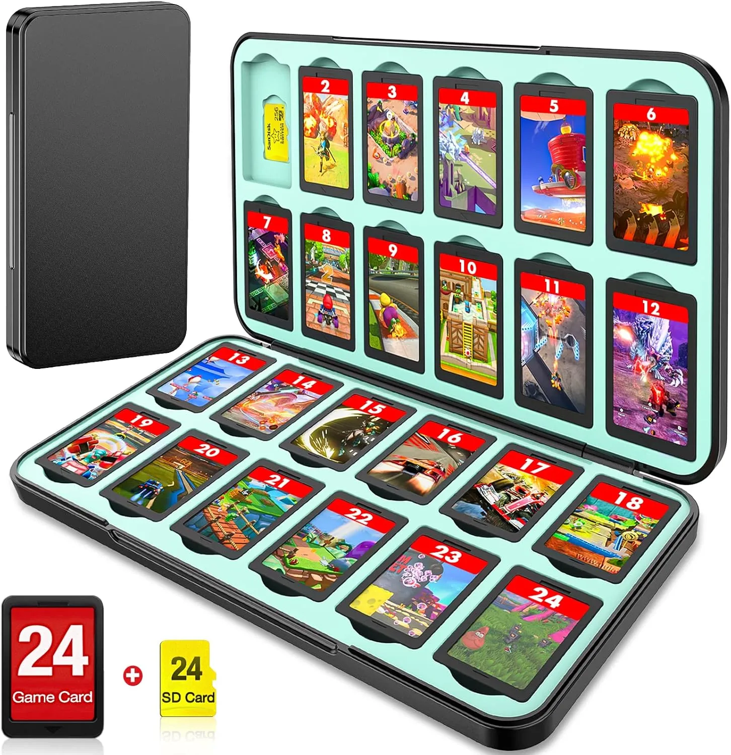 CYKOARMOR Switch Game Card Case Holder - Storage 24 Games & 24 Micro SD Card, Case Organizer Cartridge for Nintendo Switch/OLED/Lite, Hard Shell, Magnetic Closure, Soft Rubber, Black/Blue