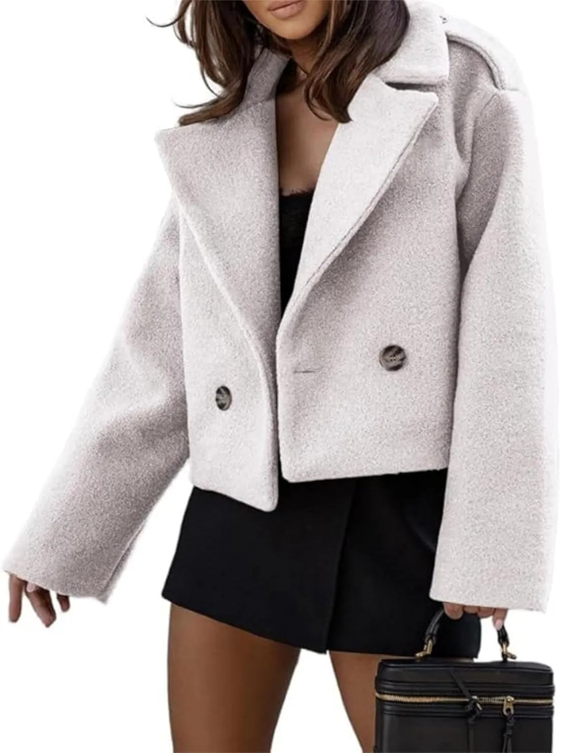 ECDAHICC Womens Wool Blend Cropped Trench Coat Fall Winter Pea Coat Double Breasted Blazer Jackets Fashion Coat