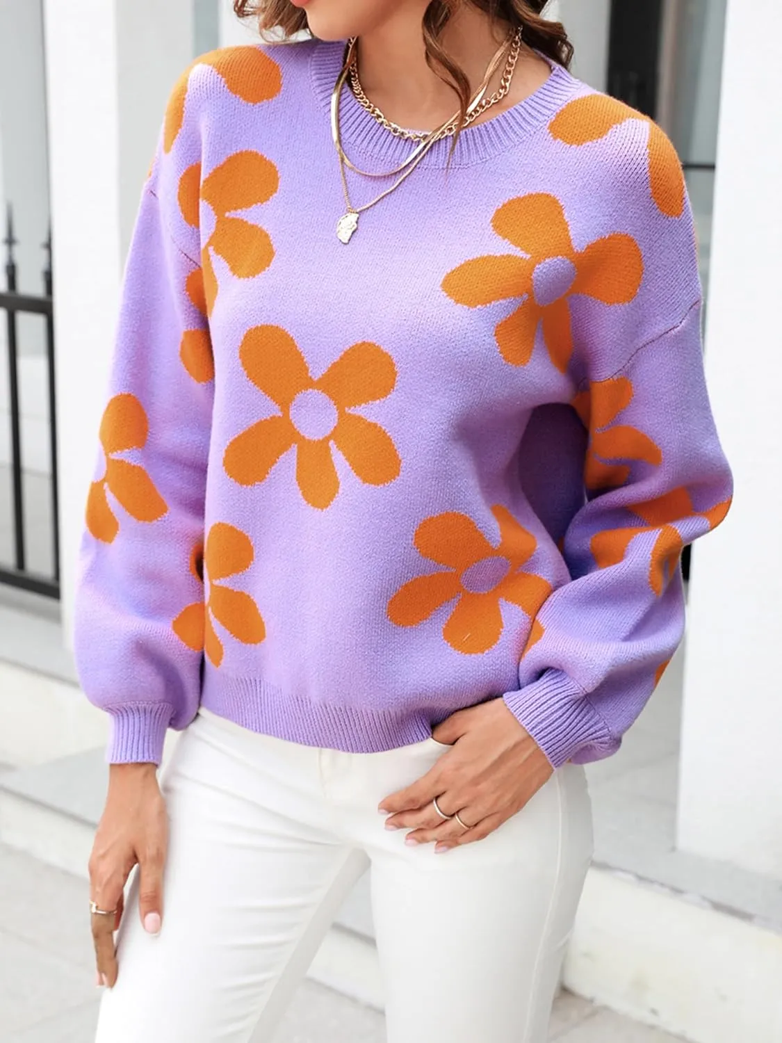 ECOWISH Women's Sweater 2025 Fall - Long Sleeve Crewneck Tops Knit Oversized Pullover Casual Print Jumper