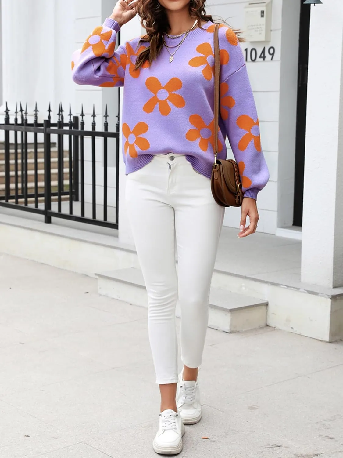 ECOWISH Women's Sweater 2025 Fall - Long Sleeve Crewneck Tops Knit Oversized Pullover Casual Print Jumper