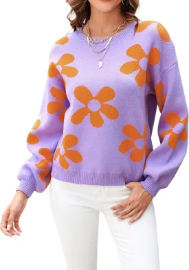 ECOWISH Women's Sweater 2025 Fall - Long Sleeve Crewneck Tops Knit Oversized Pullover Casual Print Jumper