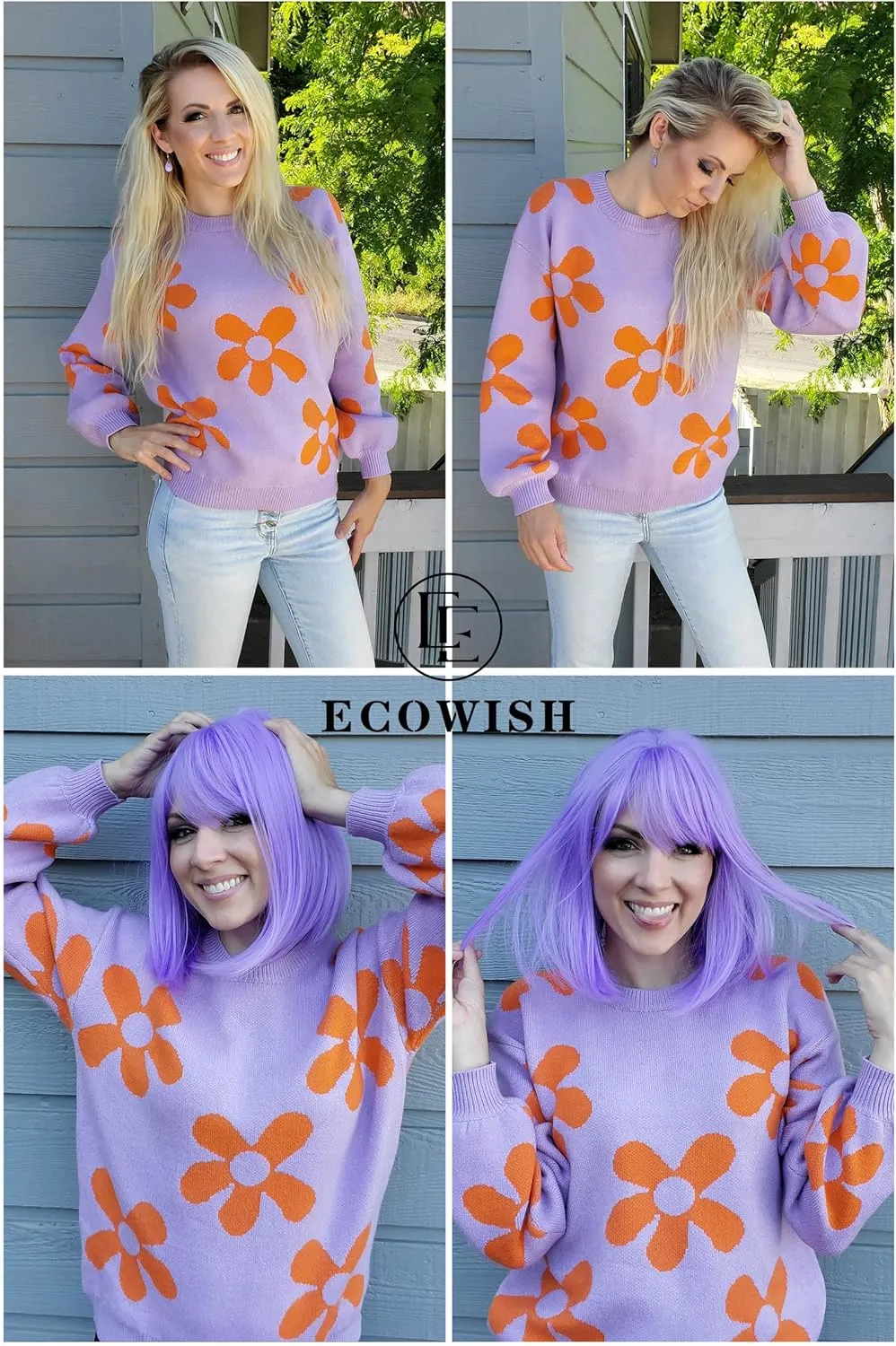 ECOWISH Women's Sweater 2025 Fall - Long Sleeve Crewneck Tops Knit Oversized Pullover Casual Print Jumper