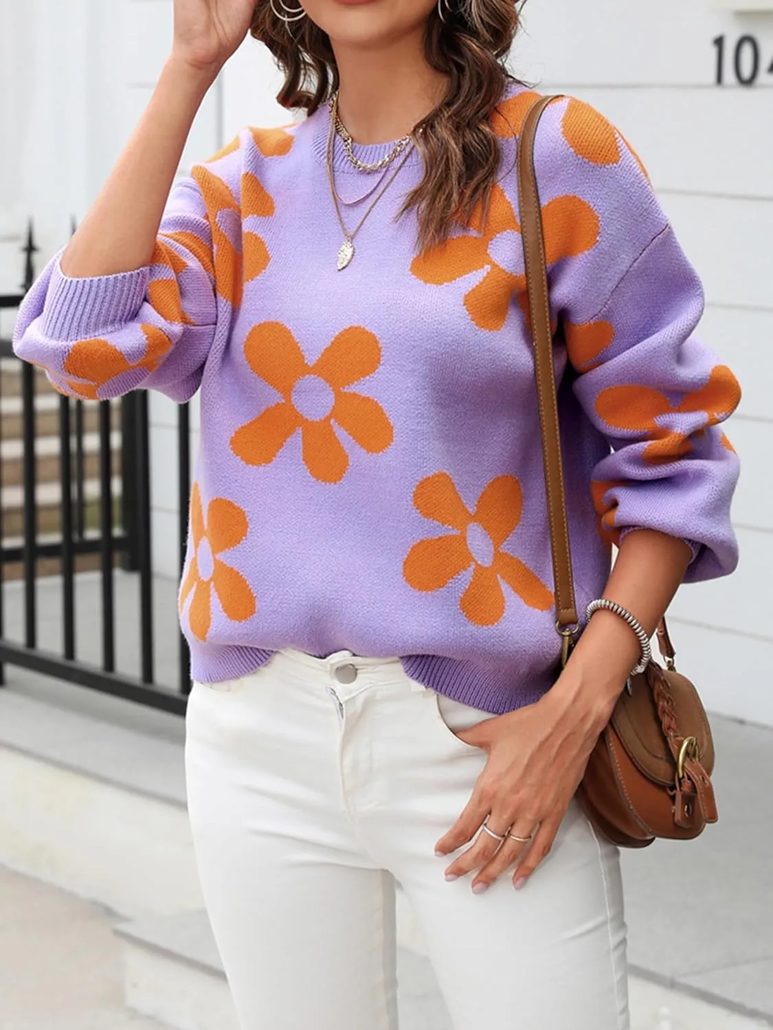 ECOWISH Women's Sweater 2025 Fall - Long Sleeve Crewneck Tops Knit Oversized Pullover Casual Print Jumper