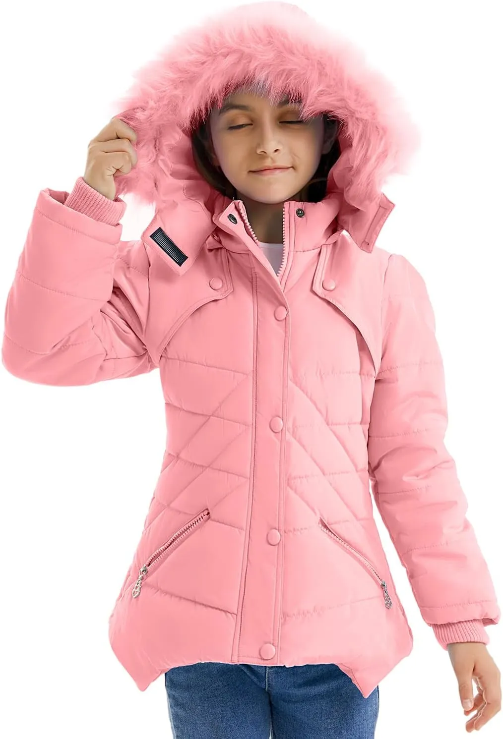 FARVALUE Girls' Winter Coats Fur Hooded Warm Puffer Jacket Coat for Girls