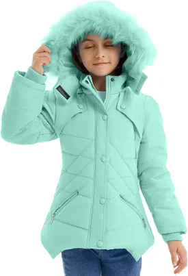 FARVALUE Girls' Winter Coats Fur Hooded Warm Puffer Jacket Coat for Girls