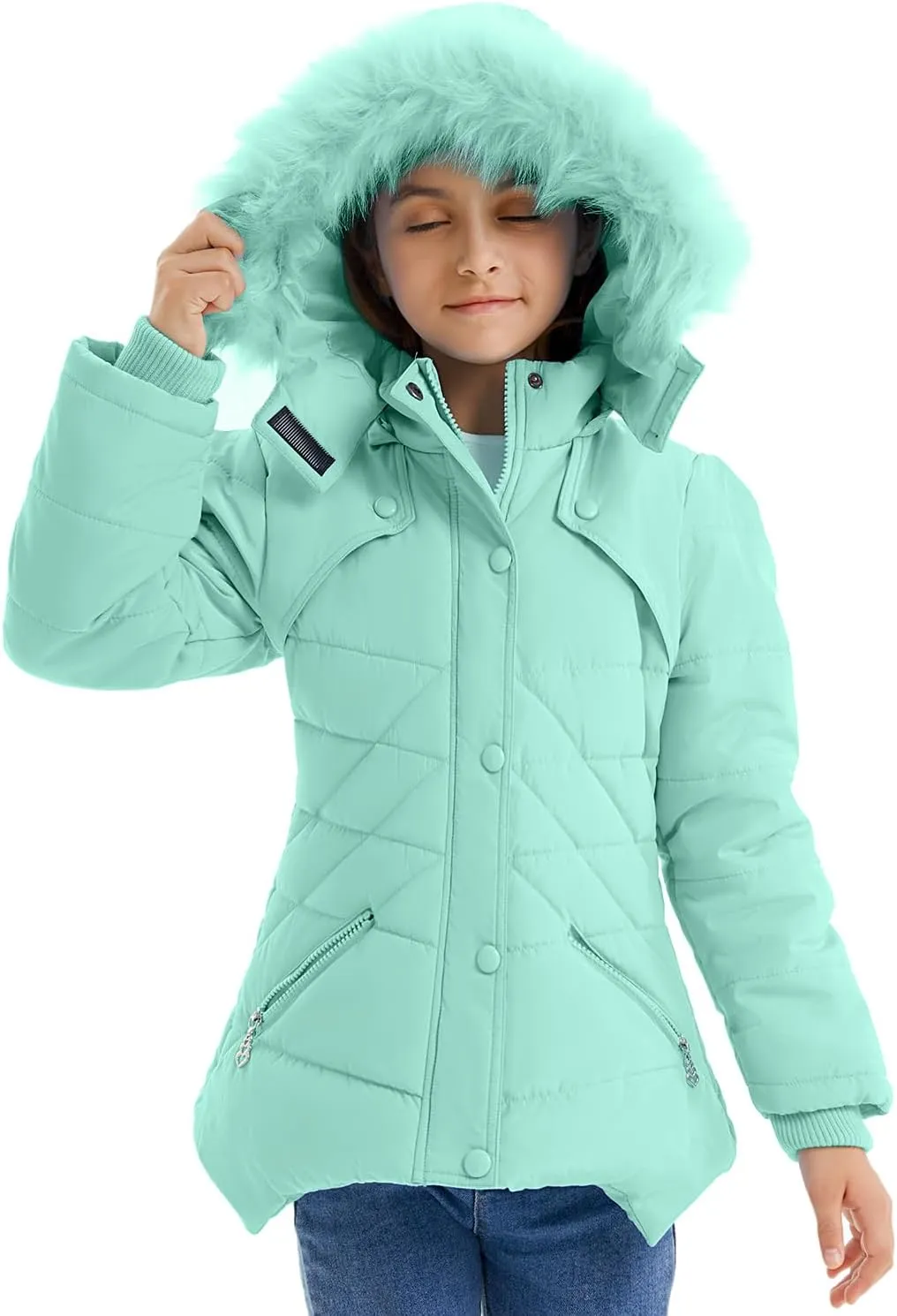 FARVALUE Girls' Winter Coats Fur Hooded Warm Puffer Jacket Coat for Girls