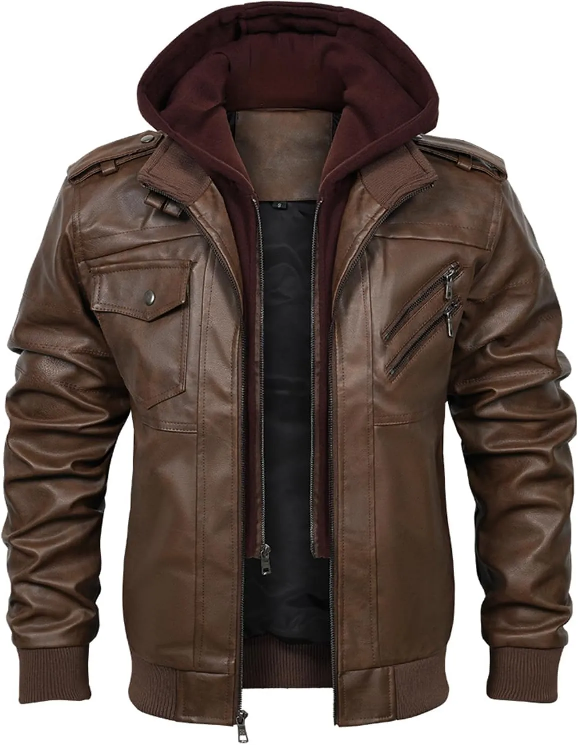 INVACHI Men's Faux Leather Motorcycle Jacket with Removable Hood Windproof Vintage PU Biker Bomber Coat