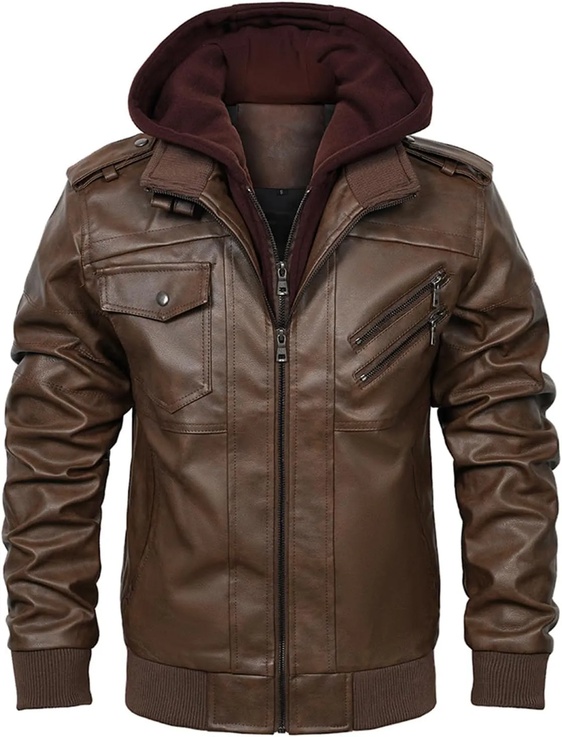 INVACHI Men's Faux Leather Motorcycle Jacket with Removable Hood Windproof Vintage PU Biker Bomber Coat