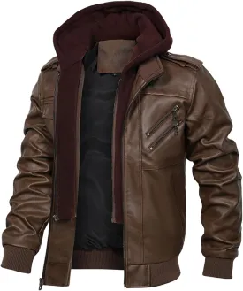 INVACHI Men's Faux Leather Motorcycle Jacket with Removable Hood Windproof Vintage PU Biker Bomber Coat