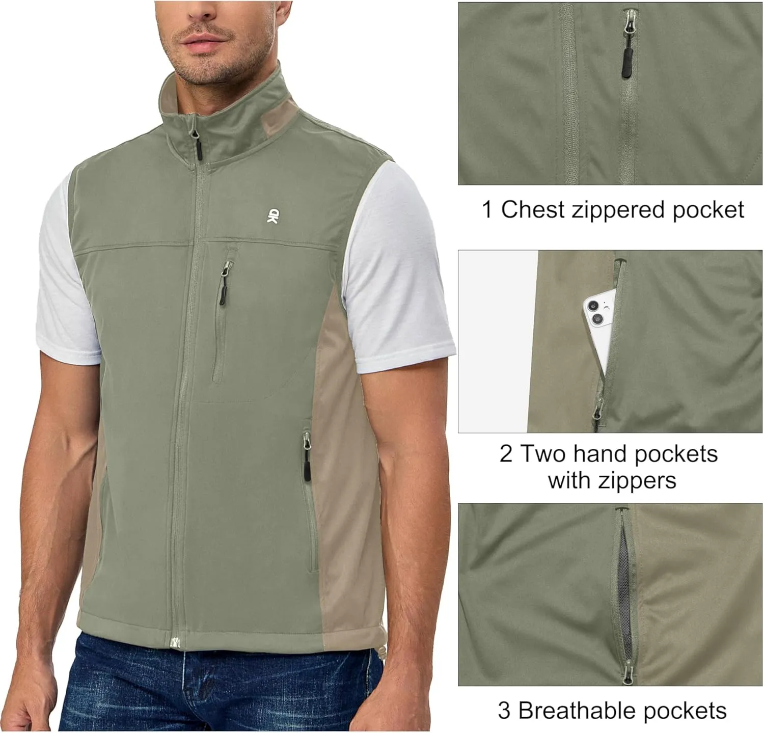 Little Donkey Andy Men's Lightweight Softshell Vest, Windproof Sleeveless Jacket for Running, Hiking, Cycling, Golf