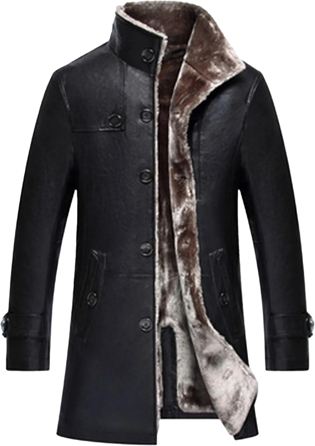 Maiyifu-GJ Mens Faux Leather Jacket Long Trench Coat Fleece Lined Leather Jacket Windproof Warm Thicken Motorcycle Biker Coat