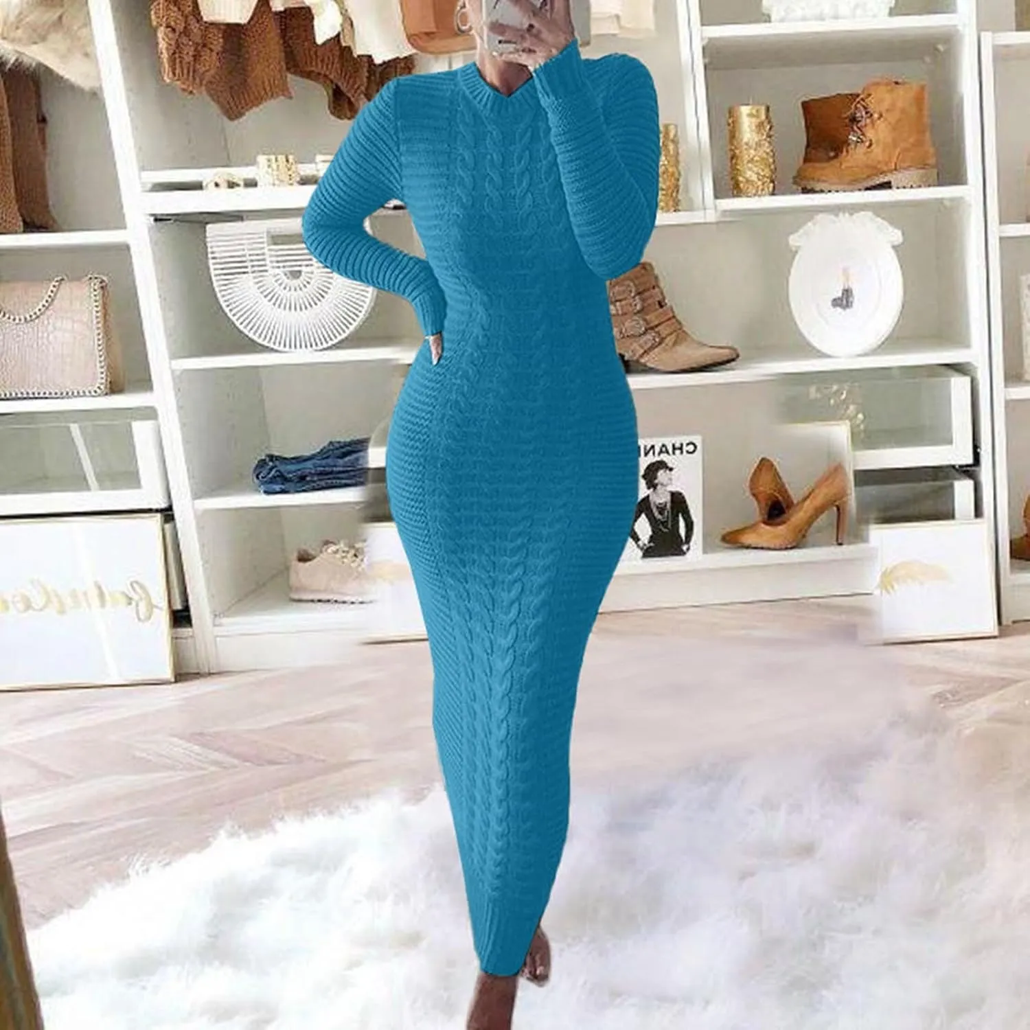 Maxi Sweaters Dress for Womens Winter Warm Casual Loose Knit Dress Fashion Cable Fall Slim Fit Funnel Collar Pullover