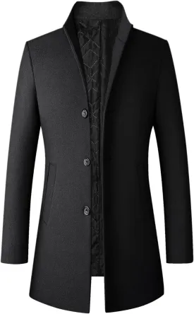 Men's Classic Single Breasted Peacoat Men's Mid-Length Single Breasted Wool Blend Top Coat Long Jacket Overcoat