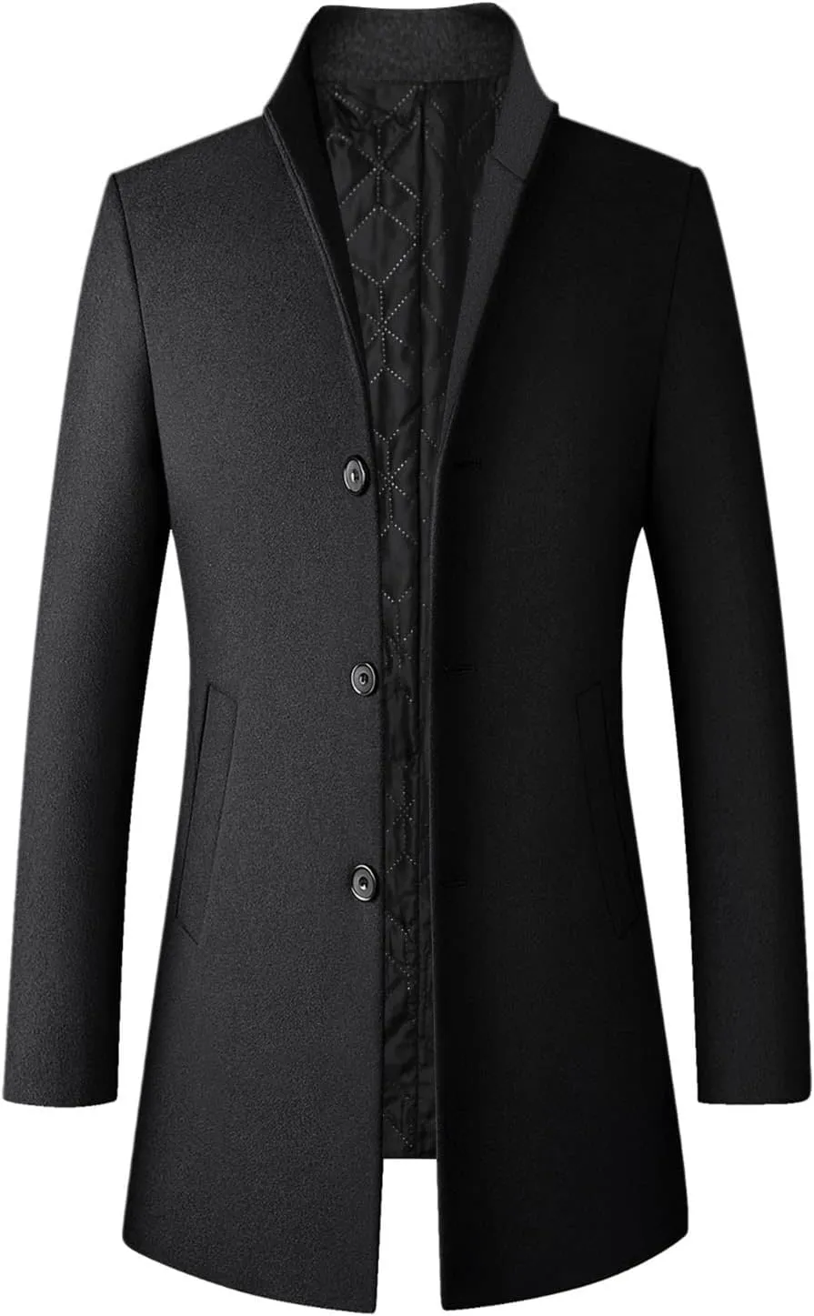 Men's Classic Single Breasted Peacoat Men's Mid-Length Single Breasted Wool Blend Top Coat Long Jacket Overcoat