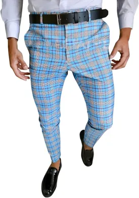 Mens Fashion Plaid Dress Pencil Pants Slim Fit Stretch Flat-Front Business Suit Pants Business Work Chinos Golf Pant