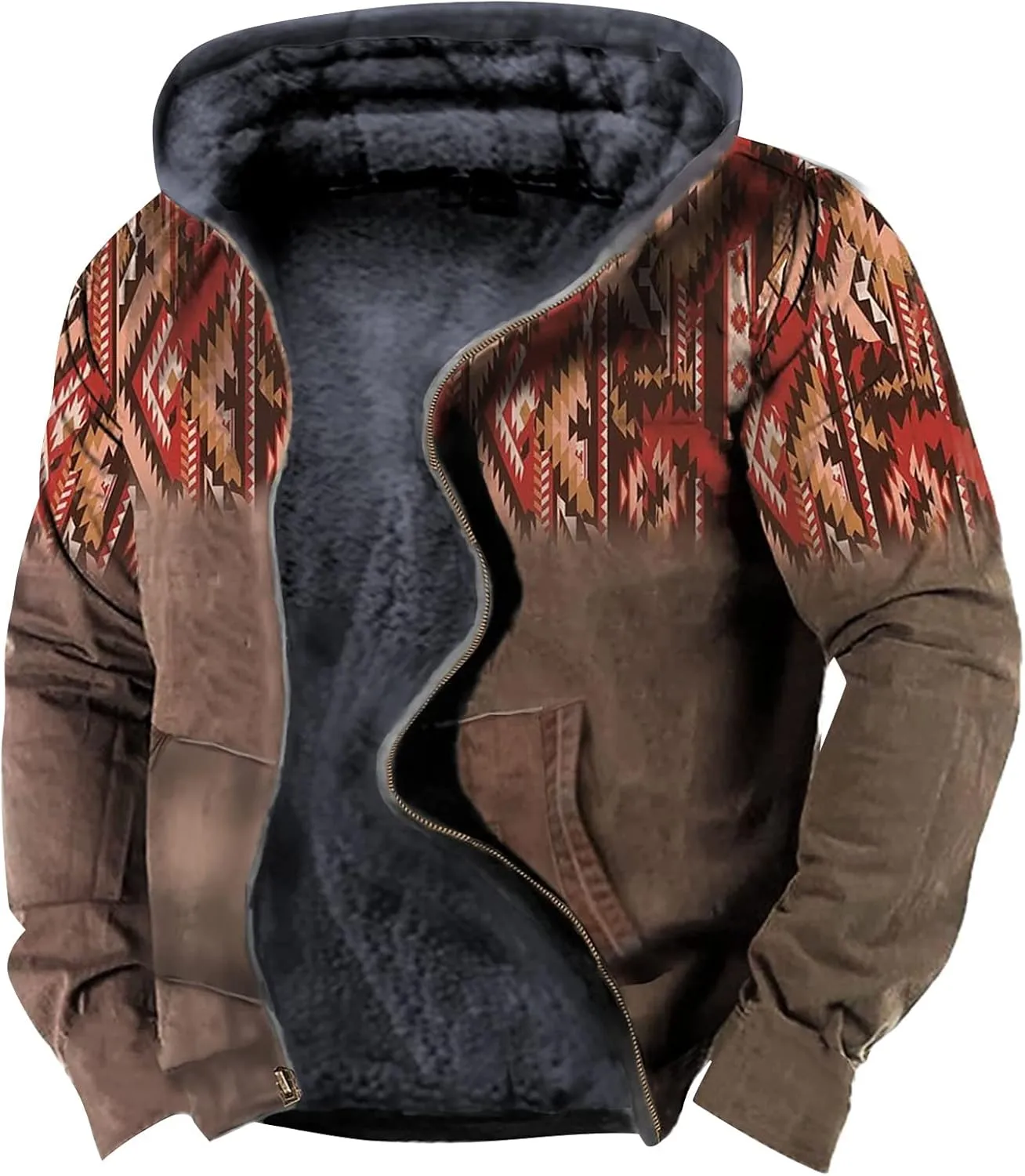 Men's Sherpa-Lined Hooded Fleece Jacket,Aztec Graphic Hoodies Winter Coats Plus Size Zipper Slim Outwear with Pocket