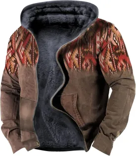 Men's Sherpa-Lined Hooded Fleece Jacket,Aztec Graphic Hoodies Winter Coats Plus Size Zipper Slim Outwear with Pocket