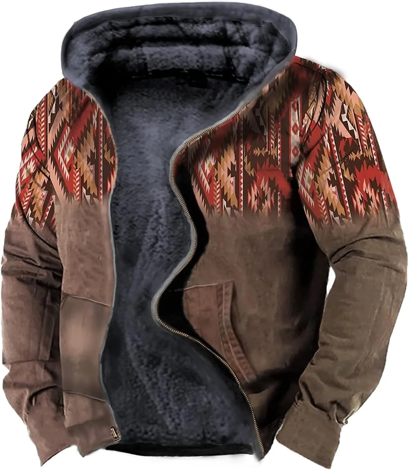 Men's Sherpa-Lined Hooded Fleece Jacket,Aztec Graphic Hoodies Winter Coats Plus Size Zipper Slim Outwear with Pocket