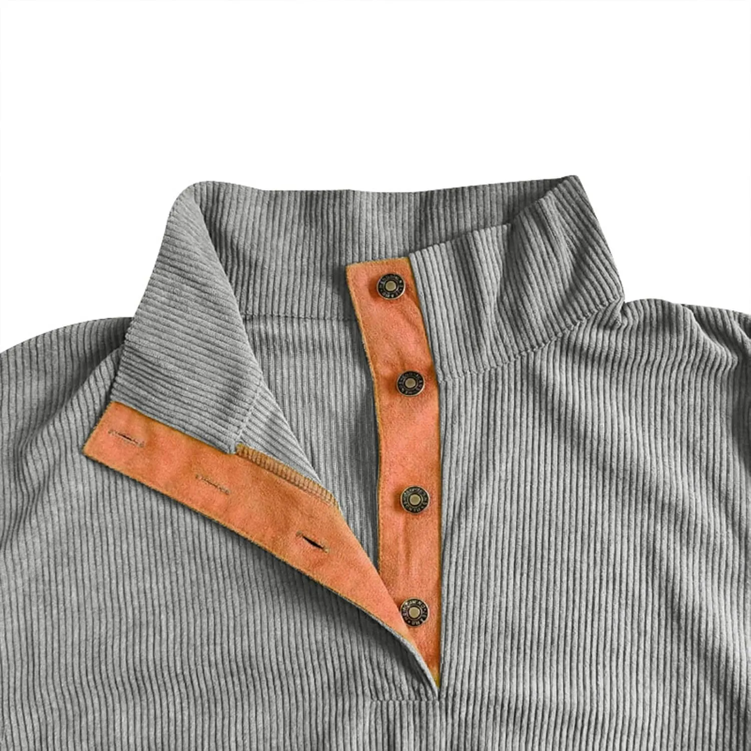 Mens Sweatshirt Corduroy Tactical Henley Shirts Long Sleeve Elbow Patch Draped Pullover Casual Stand Collar Slim Shirt