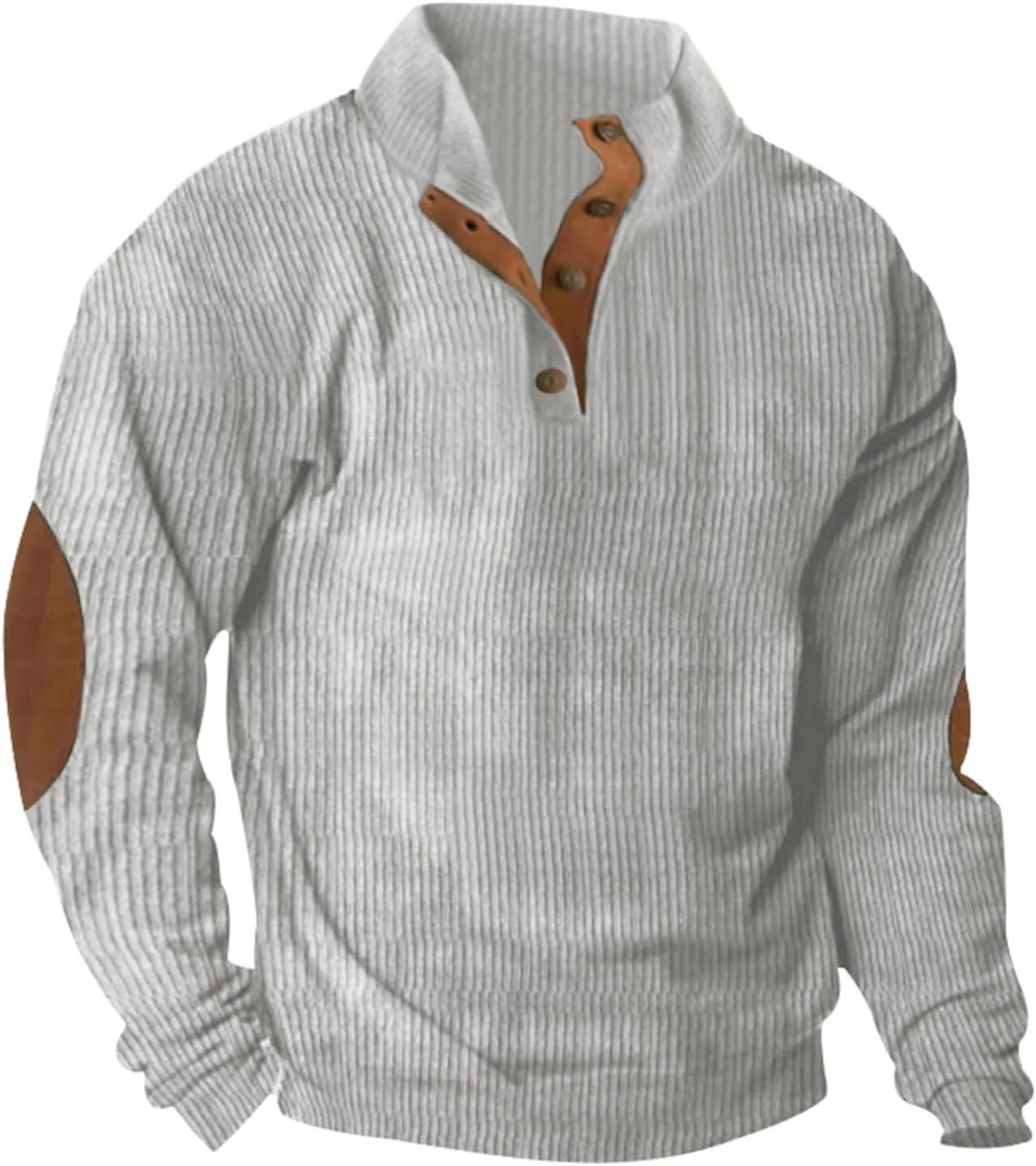 Mens Sweatshirt Corduroy Tactical Henley Shirts Long Sleeve Elbow Patch Draped Pullover Casual Stand Collar Slim Shirt