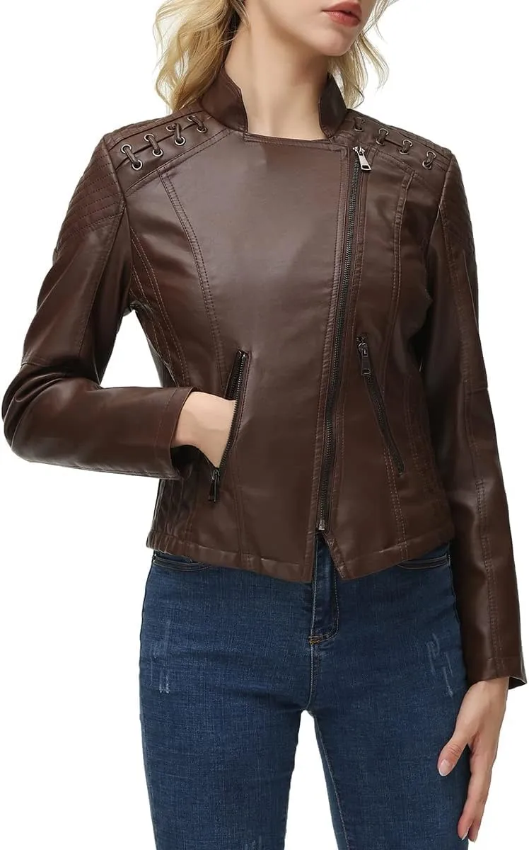 MODFUL Women's Faux Leather Moto Jacket Casual Short Solid Color PU Biker Coat with Pockets