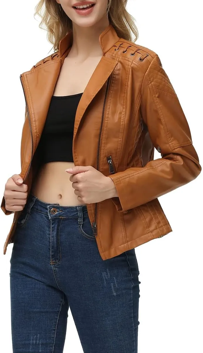 MODFUL Women's Faux Leather Moto Jacket Casual Short Solid Color PU Biker Coat with Pockets