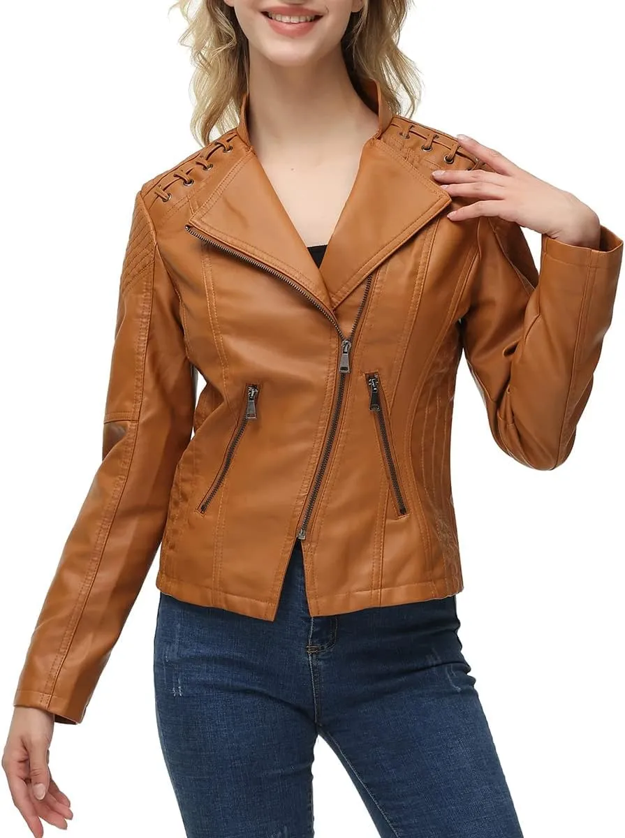 MODFUL Women's Faux Leather Moto Jacket Casual Short Solid Color PU Biker Coat with Pockets