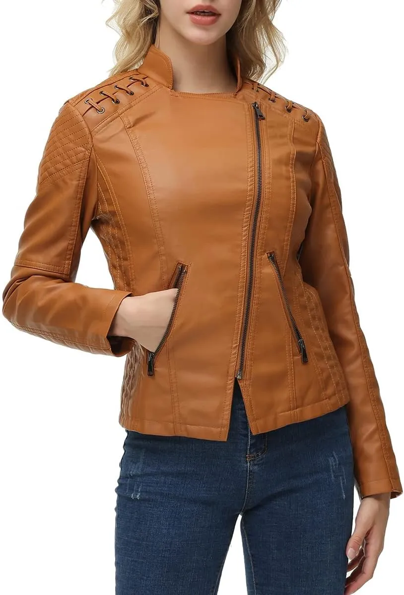 MODFUL Women's Faux Leather Moto Jacket Casual Short Solid Color PU Biker Coat with Pockets