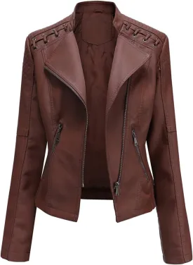MODFUL Women's Faux Leather Moto Jacket Casual Short Solid Color PU Biker Coat with Pockets