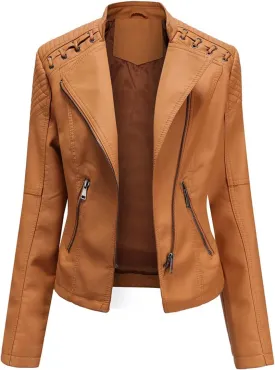 MODFUL Women's Faux Leather Moto Jacket Casual Short Solid Color PU Biker Coat with Pockets