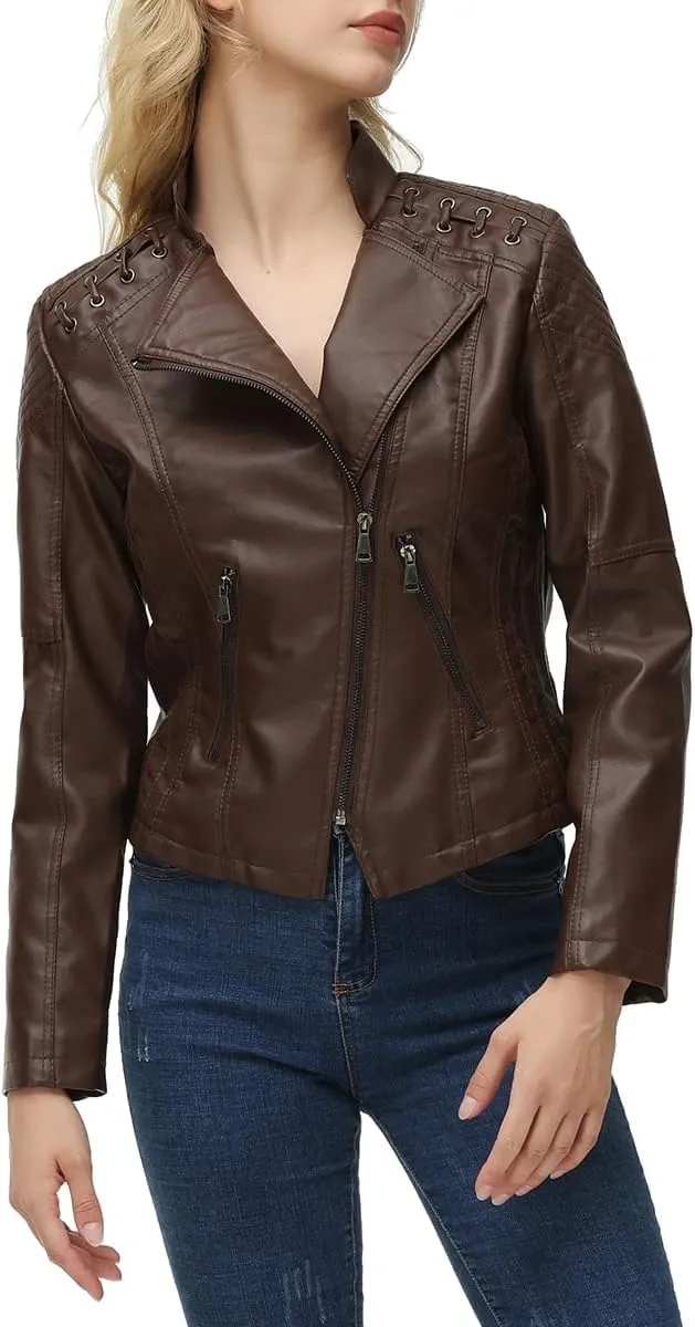 MODFUL Women's Faux Leather Moto Jacket Casual Short Solid Color PU Biker Coat with Pockets