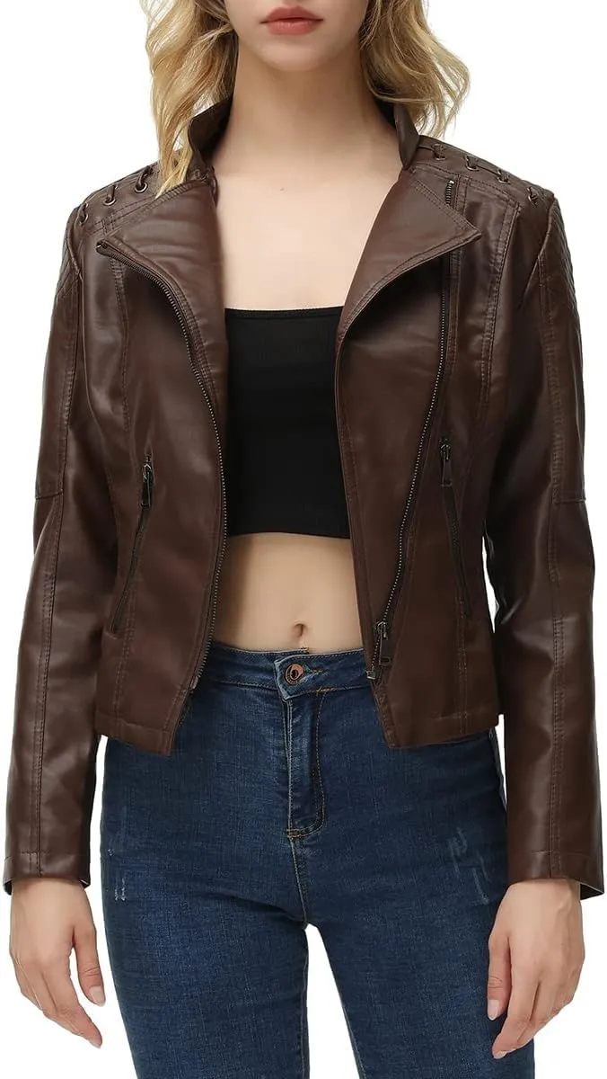 MODFUL Women's Faux Leather Moto Jacket Casual Short Solid Color PU Biker Coat with Pockets
