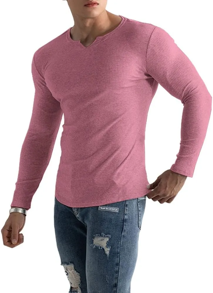 Muscle Cmdr Men's Henley Long&Short Sleeve T-Shirt Slim Fit V Neck Shirts Stretch Tee Casual Underwear Athletic Medium Weight