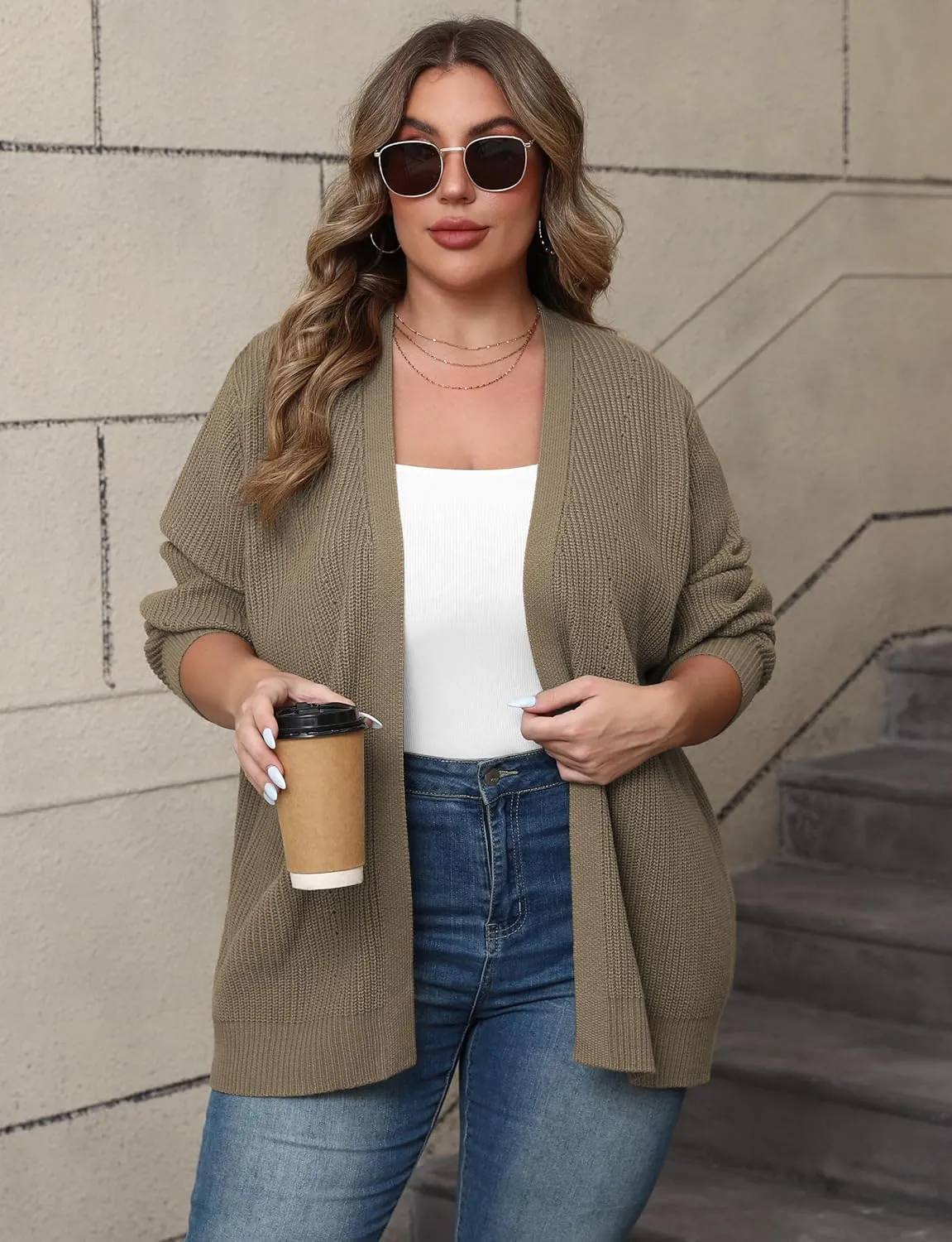POSESHE Women's Plus Size Open Front Knit Cardigan Casual Coatigan Sweater Lady Jacket Coat 2024 Winter Outerwear