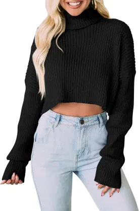 PRETTYGARDEN Women's 2025 Fall Winter Turtleneck Cropped Sweater Causal Ribbed Knit Long Sleeve Pullover Jumper Tops