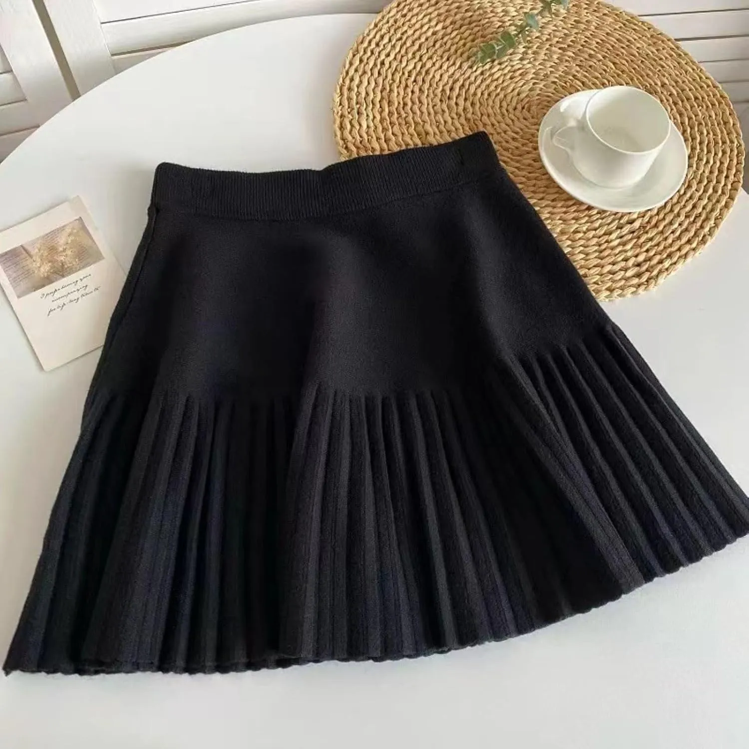 SANGTREE Women's Cute Stretchy Knit Short Pleated Solid Sweater Skirt